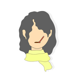 Sick black hair faceless girl with fever with thermometer in mouth and with yellow scarf. Flat vector illustration. Virus or cold illness, having headache, measures the body temperature. Icon design