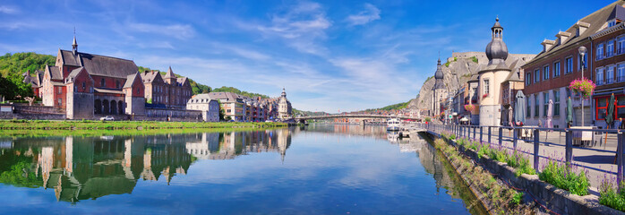 Panorma view on the idyllic city of Dinant with river and famous buldings in Wallonia, Belgium