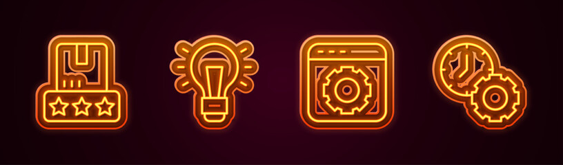 Set line Consumer product rating, Light bulb, Browser setting and Time management. Glowing neon icon. Vector