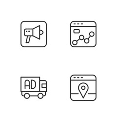 Set line Infographic of city map, Advertising on truck, Megaphone and Market analysis icon. Vector