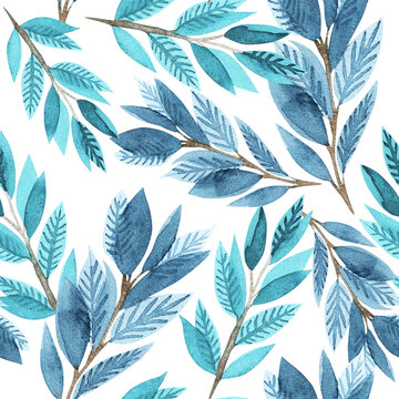 blue green turqiouse seamless watercolor leaves pattern. Abstract botanical winter texture.