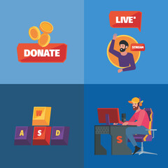 Video streaming. gamers making broadcast internet show on PC playing games and taking donation from users