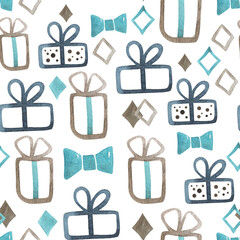 Minimalist scandinavian presents bow seamless watercolor pattern blue and turquiose, bronze. Bow abstract