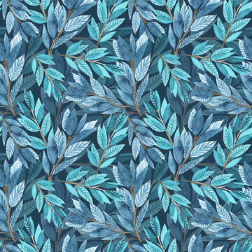 Blue Green Turqiouse Seamless Watercolor Leaves Pattern. Abstract Botanical Winter Texture.