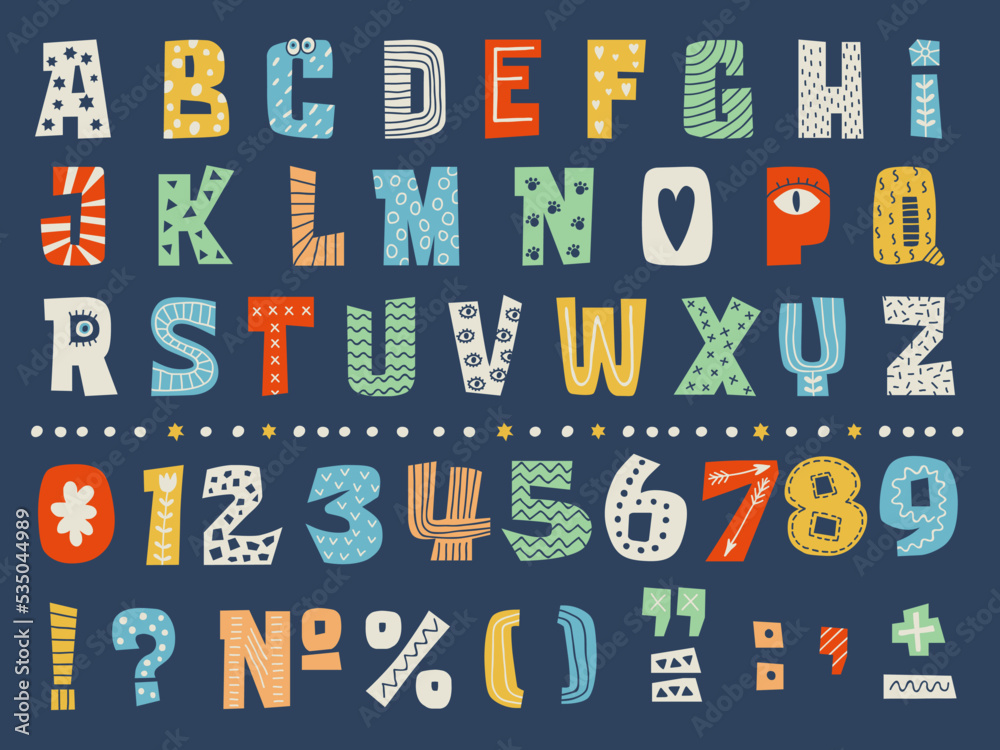 Fototapete alphabet. letters numbers and punctuation marks in decorative style recent vector ornamental templat