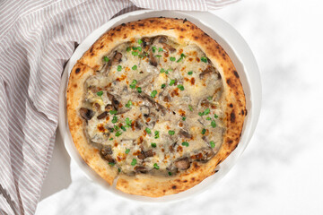 pizza with mushrooms and truffle sauce on white background for restaurant menu