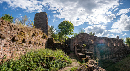 Fototapeta premium Saverne, France - 09 04 2022: View of the castle ruins Haut-Barr