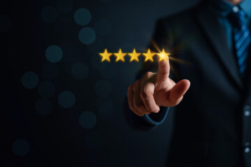 Customer businessman touching glowing illustration five stars rating service on virtual screen for satisfaction evaluation survey and review.