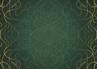 Hand-drawn unique abstract ornament. Light green on a dark warm green background, with vignette in golden glitter and splatters on darker background color. Paper texture. A4. (pattern: p02-1a)