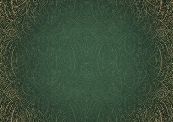 Hand-drawn unique abstract ornament. Light green on a dark warm green background, with vignette in golden glitter and splatters on darker background color. Paper texture. A4. (pattern: p08-2b)