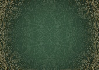 Hand-drawn unique abstract ornament. Light green on a dark warm green background, with vignette in golden glitter and splatters on darker background color. Paper texture. A4. (pattern: p09a)