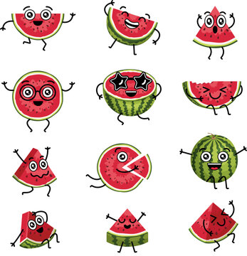 Watermelon characters. Cartoon comic mascots of watermelon with funny smile faces hands and legs recent vector watermelons in action poses