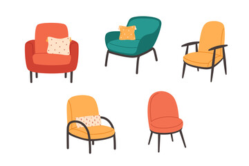 Collection of modern armchairs with decorative pillows. Cozy modern comfortable furniture in hygge style. Hand drawn vector illustration