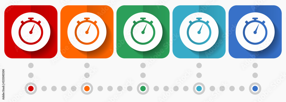 Poster stopwatch vector icons, infographic template, set of flat design clock symbols in 5 color options