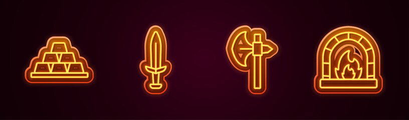 Obraz premium Set line Gold bars, Medieval sword, axe and Blacksmith oven. Glowing neon icon. Vector