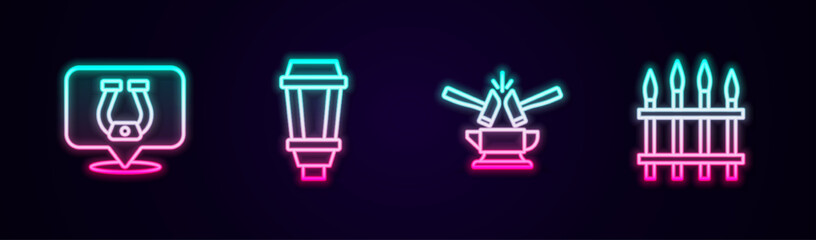 Set line Horseshoe, Garden light lamp, Anvil and hammer and Classic iron fence. Glowing neon icon. Vector