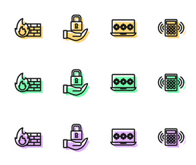 Set line Laptop with password, Firewall, security wall, Lock and Security keypad access panel icon. Vector