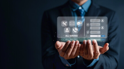 Businessman showing virtual screen interface contact icons service and chat bot. Contact us or Customer support hotline people connect. ( email, address, live chat, internet wifi )