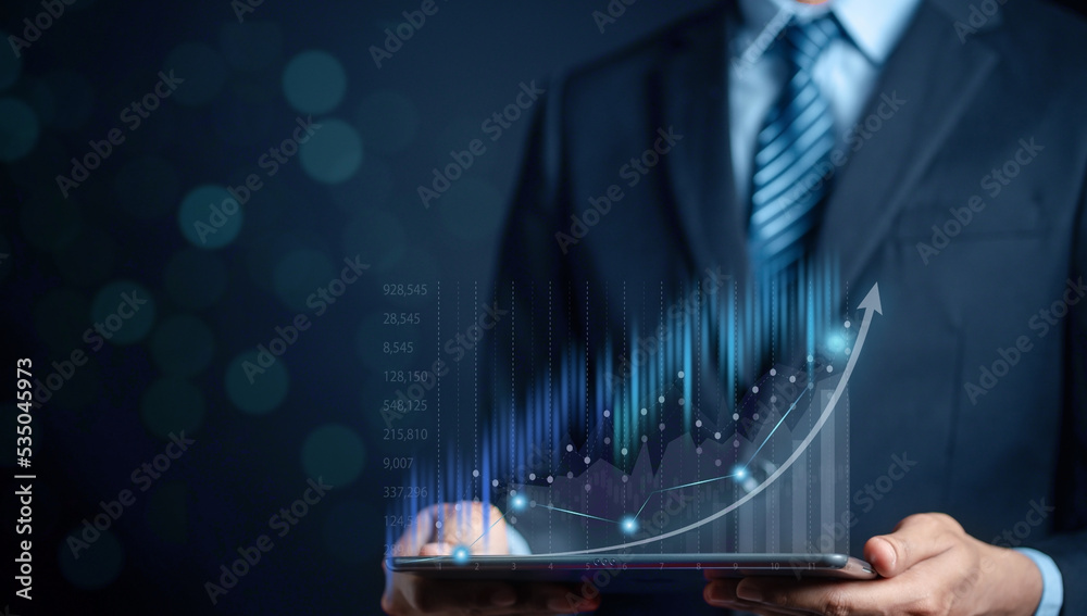 Poster Businessman using tablet to analyze sales data trading and showing a growing virtual screen of statistics, graph and chart with arrow up. Stock market business growth, planing and strategy concept.