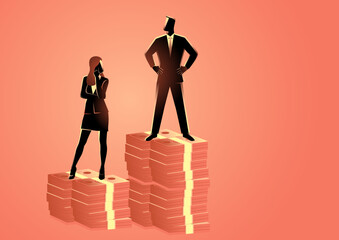 Businessman standing on higher stack of money than businesswoman