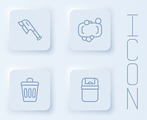 Set line Brush for cleaning, Bar of soap, Trash can and . White square button. Vector
