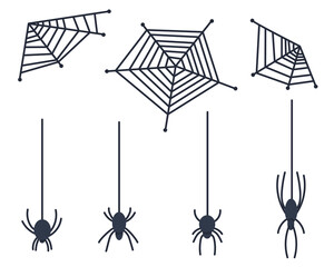 Set of poutine and spider. Angular web and spiders of various shapes. Flat vector illustration. Eps10