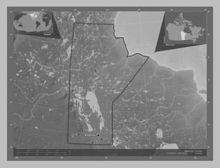Manitoba, Canada. Grayscale. Labelled points of cities