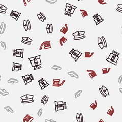 Set line Binoculars, Captain hat, Inflatable boat with motor and Marine bollard rope on seamless pattern. Vector