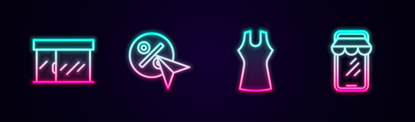 Set line Market store, Discount percent tag, Woman dress and Online shopping on phone. Glowing neon icon. Vector