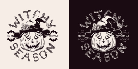 Emblem with witch pumpkin like a female face, purple hat with roses, eyeball on stick, text Witchy Season, silhouette of bat. Monochrome illustration in vintage style.
