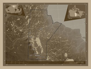 Manitoba, Canada. Sepia. Labelled points of cities