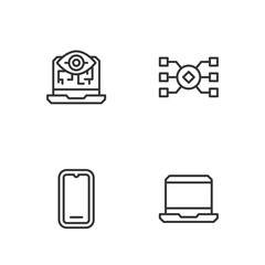 Set line Laptop, Mobile phone, Computer vision and Neural network icon. Vector