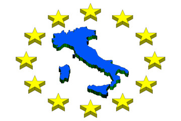 Italy, illustration in three-dimensional 3D graphics, with the silhouettes of Italy, surrounded by European stars, without writing and with a neutral background in png.