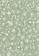 Sage green botanical mix seamless repeat pattern. Hand drawn, random placed, vector flowers, herbs, branches, leaves and more all over surface print.