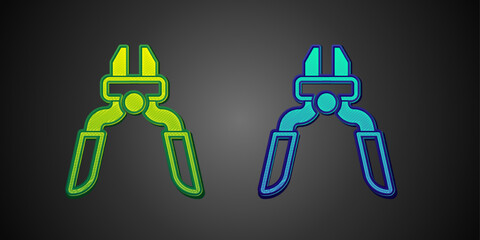 Green and blue Pliers tool icon isolated on black background. Pliers work industry mechanical plumbing tool. Vector