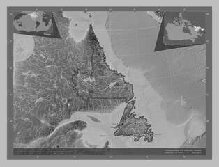 Newfoundland and Labrador, Canada. Grayscale. Labelled points of cities