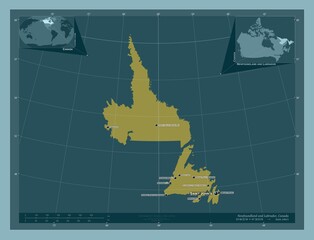 Newfoundland and Labrador, Canada. Solid. Labelled points of cities