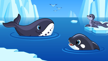 Naklejka premium Cartoon winter ocean landscape. Killer whale and whale, fur seal swims on an ice floe. Cute north wild sea animals and iced rocks. Vector childish illustration