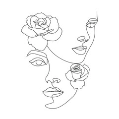 Women's eyes head with flowers linear drawing