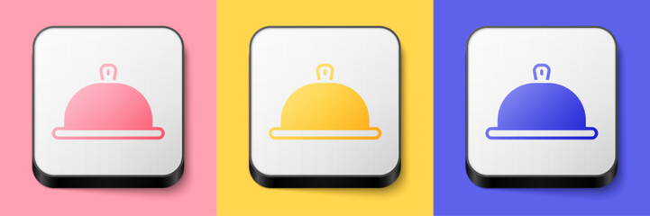Isometric Covered with a tray of food icon isolated on pink, yellow and blue background. Tray and lid sign. Restaurant cloche with lid. Square button. Vector