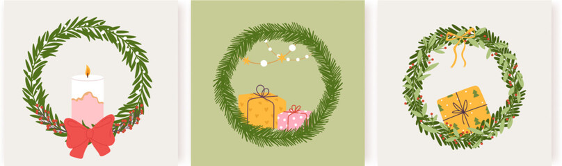 Holiday cards with christmas wreath. Decorative fir tree wreaths with candle, gifts and garlands. Vector trendy xmas decor