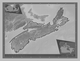 Nova Scotia, Canada. Grayscale. Labelled points of cities
