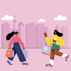 Shopping Women Flat Fashion Characters Illustrations Scene