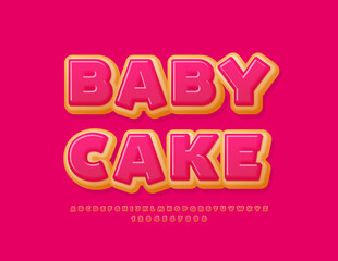 Vector sweet emblem Baby Cake. Pink glazed donut style Font. Tasty Alphabet Letters and Numbers set