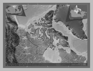 Nunavut, Canada. Grayscale. Labelled points of cities