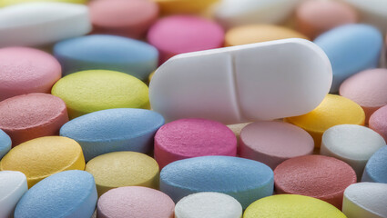 Tablets of different colors. Antibiotic resistance. Tablets from antimicrobial viruses. Pharmaceutical industry..
