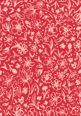 Hand drawn botanical mix seamless repeat pattern. Random placed, vector doodled herbs, flowers, leaves, plants all over surface print on red background.