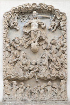 An old medieval relief depicting the Last Judgment, Final Judgment, Day of Reckoning biblical scene, apocalypse concept, doomsday, Second Coming of Jesus Christ in art