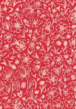 Hand drawn botanical mix seamless repeat pattern. Random placed, vector doodled herbs, flowers, leaves, plants all over surface print on red background.