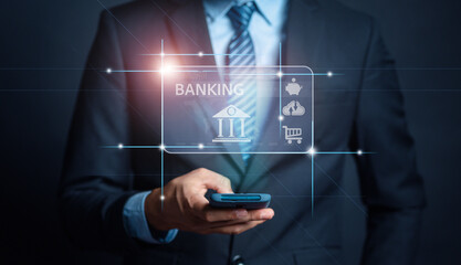 Businessman using smartphone online banking app and icon network connection, online payments, shopping and digital technology business on virtual screen pay on networking concept.